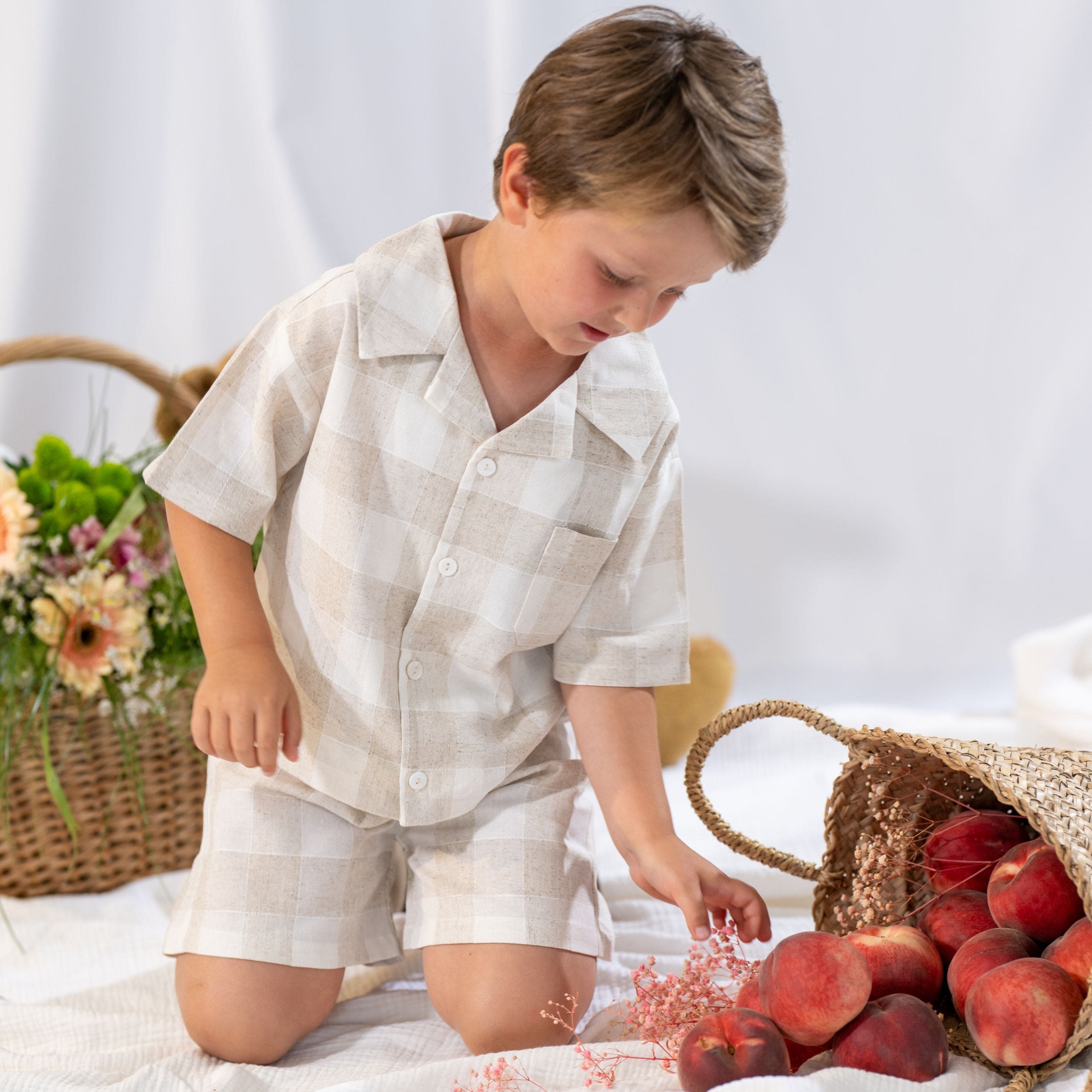 BILLY | Boys Beige Check Linen Short Set – Bebe Sweeny